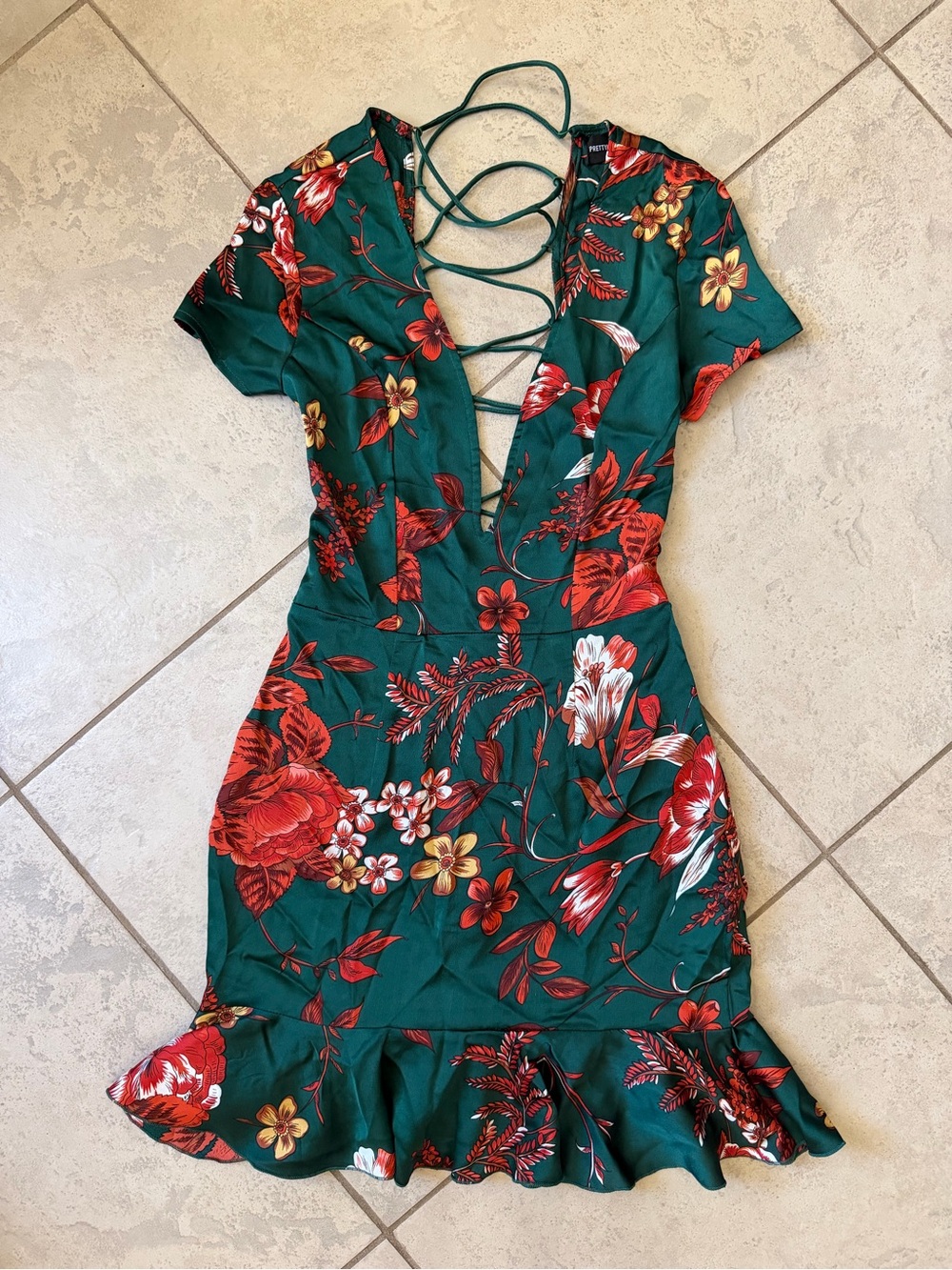 PrettyLittleThing Emerald Green Floral Lace-Up Mini Dress